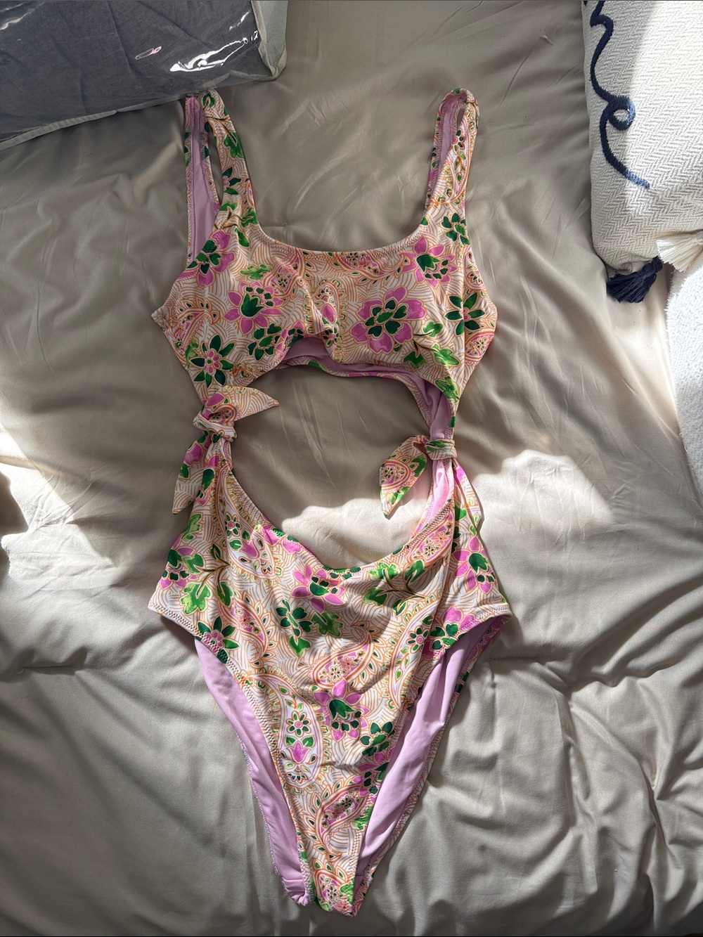 aerie Pink Floral Print One-Piece Swimsuit with Green Accents